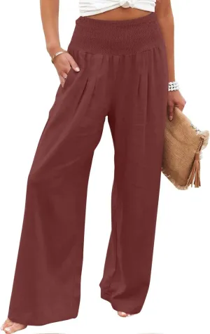Summer Linen Pants Women Palazzo Pants Drawstring Elastic Waist Wide Leg Pants High Waist Lounge Pants Casual Trouser