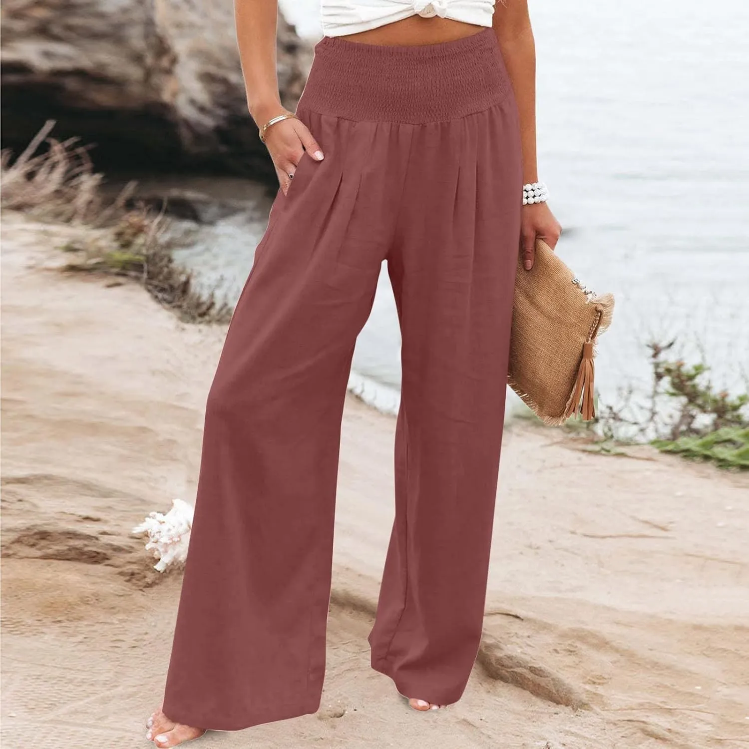 Summer Linen Pants Women Palazzo Pants Drawstring Elastic Waist Wide Leg Pants High Waist Lounge Pants Casual Trouser