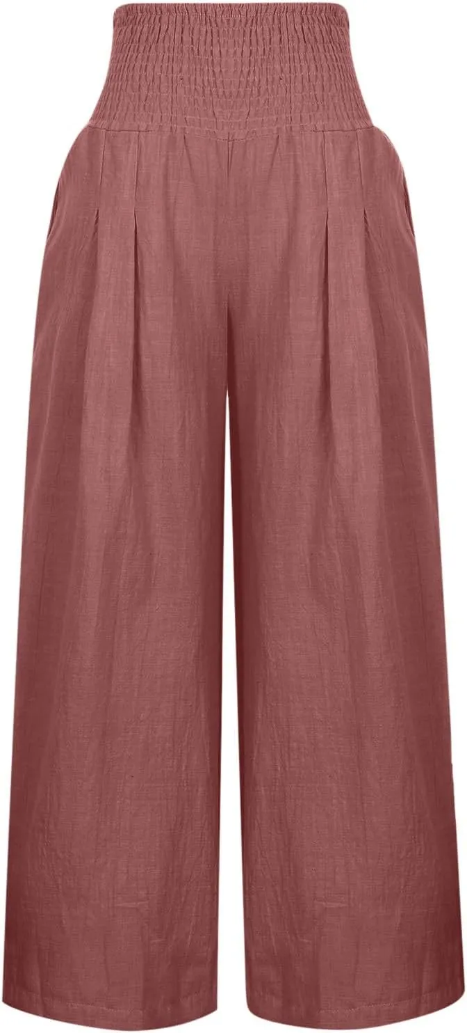 Summer Linen Pants Women Palazzo Pants Drawstring Elastic Waist Wide Leg Pants High Waist Lounge Pants Casual Trouser