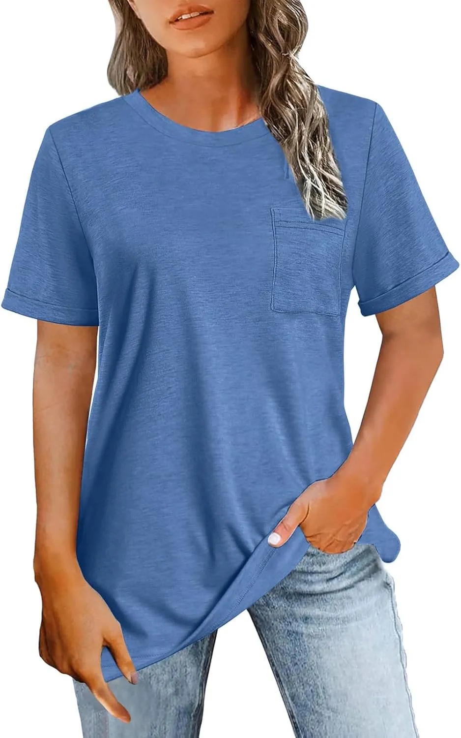 Summer Tops for Women Trendy Short Sleeve Tshirts Basic Shirts Casual Ladies Solid Crew Neck Blouses with Pockets