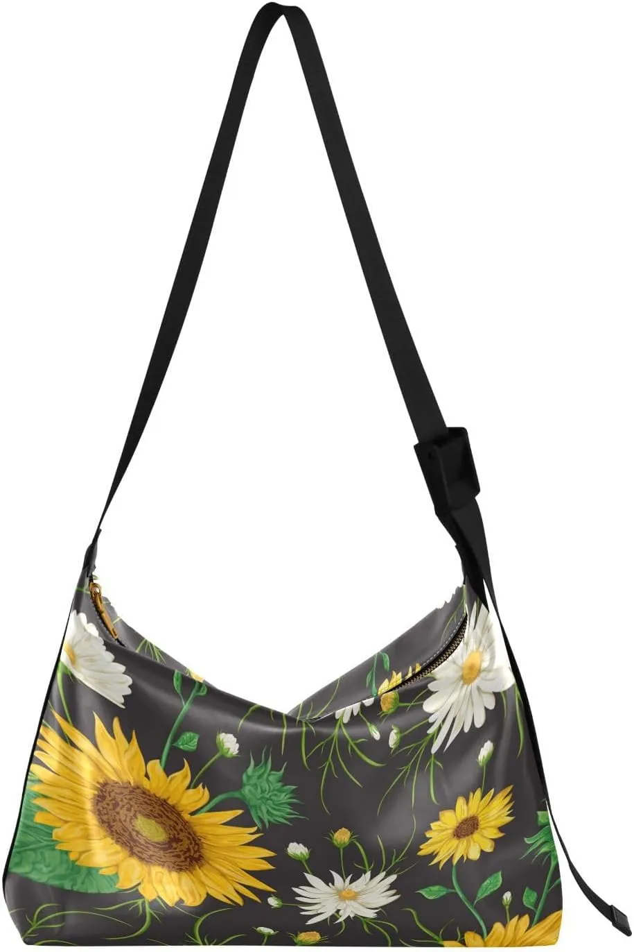 Sunflowers Hobo Crossbody Bags for Women Leather Large Shoulder Bag Cross Body Chamomile Trendy Womens Tote Bags Handbag for Travel Shopping