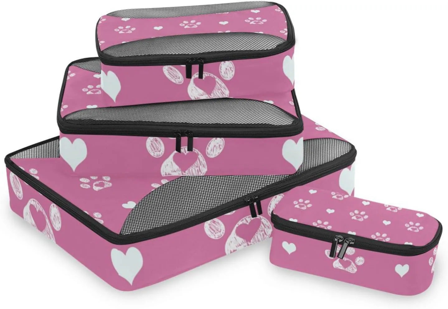 susiyo 4 Pcs Packing Cubes for Travel Dog Paw Print Pink Suitcase Storage Bag Clothing Sorting Organizers