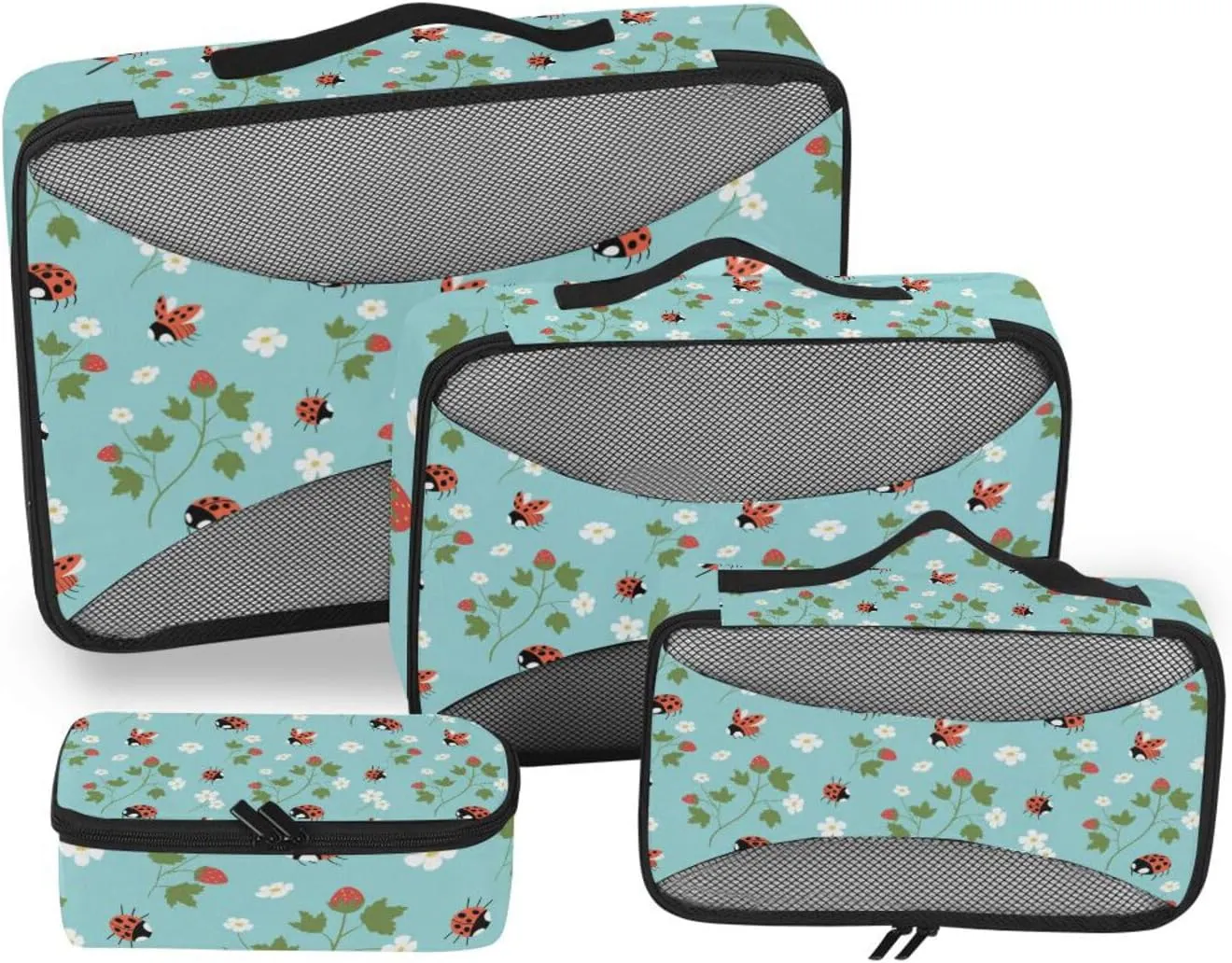 susiyo 4 Pcs Packing Cubes for Travel Strawberry and Ladybirds Pattern Suitcase Storage Bag Clothing Sorting Organizers
