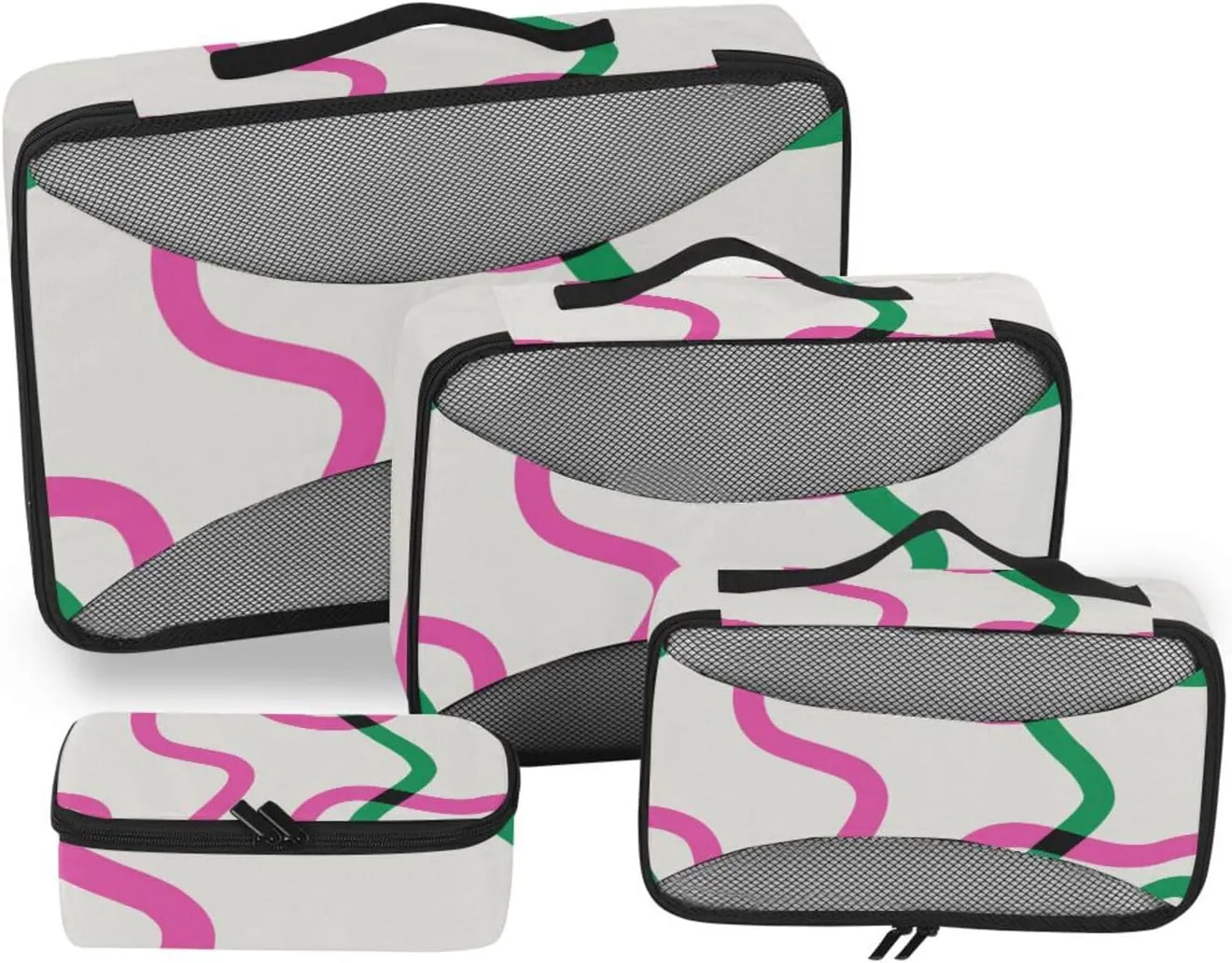 susiyo Set of 4 Packing Cubes for Travel Green and Pink Wavy Lines Suitcase Storage Bag Clothing Sorting Organizers