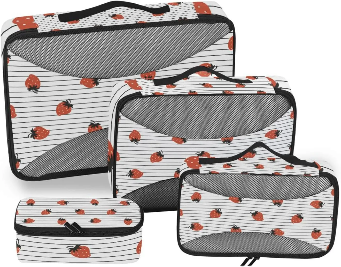 susiyo Set of 4 Packing Cubes for Travel Strawberries Summer Striped Suitcase Storage Bag Clothing Sorting Organizers