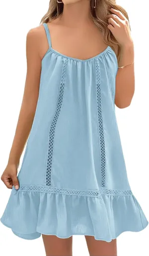 Swimsuit Coverup for Women Spaghetti Straps Ruffle Mini Dress Vacation Beach Cover Ups Casual Sundresses