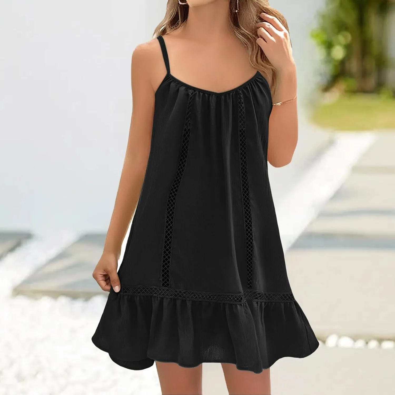 Swimsuit Coverup for Women Spaghetti Straps Ruffle Mini Dress Vacation Beach Cover Ups Casual Sundresses