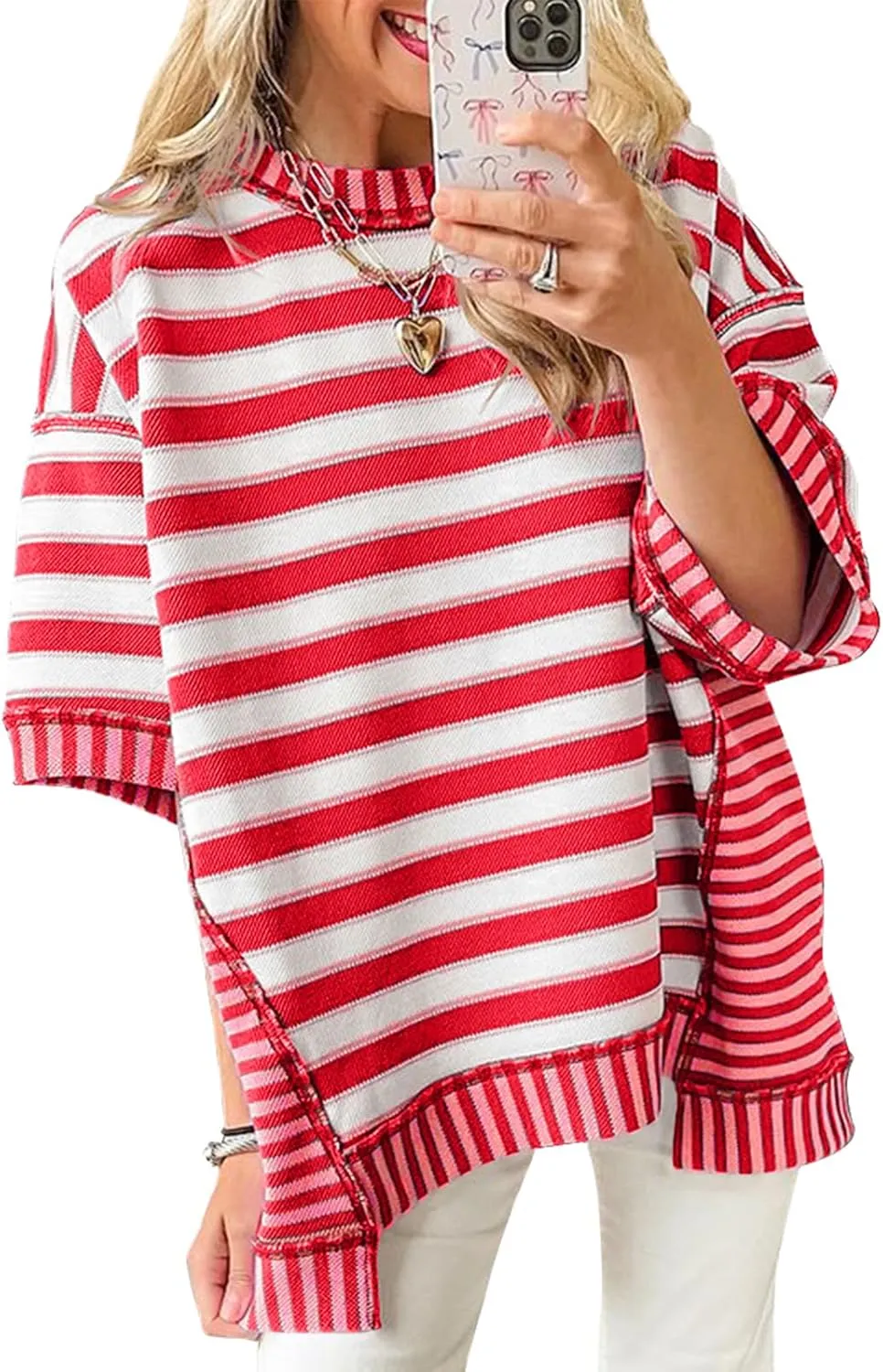 Tankaneo Womens Oversized Striped Shirt Summer Half Sleeve Tops Crew Neck Sweatshirts Casual Blouses