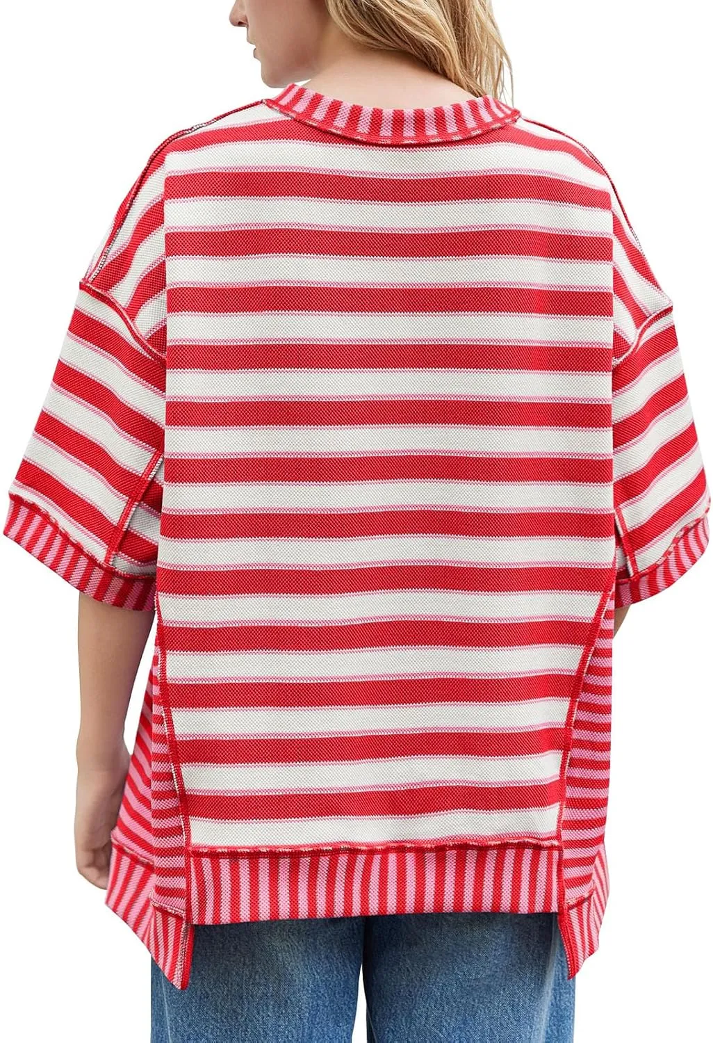 Tankaneo Womens Oversized Striped Shirt Summer Half Sleeve Tops Crew Neck Sweatshirts Casual Blouses