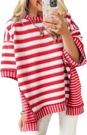 Tankaneo Womens Oversized Striped Shirt Summer Half Sleeve Tops Crew Neck Sweatshirts Casual Blouses