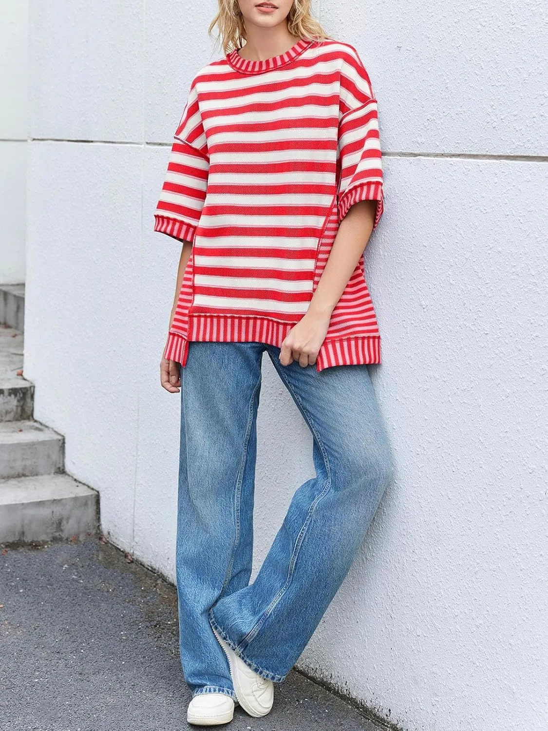 Tankaneo Womens Oversized Striped Shirt Summer Half Sleeve Tops Crew Neck Sweatshirts Casual Blouses