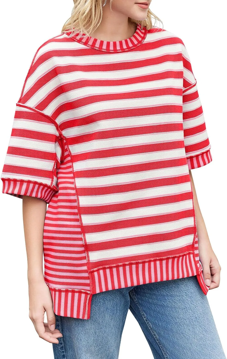 Tankaneo Womens Oversized Striped Shirt Summer Half Sleeve Tops Crew Neck Sweatshirts Casual Blouses