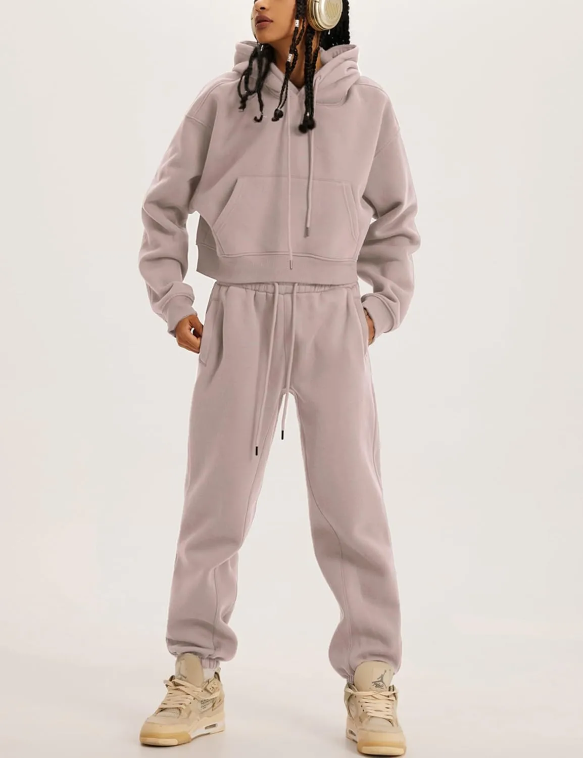 Tanming Women 2 Piece Outfits Sweatsuits Crop Pullover Fleece Sweatshirt Jogger Pants Lounge Set