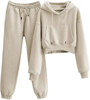 Tanming Women 2 Piece Outfits Sweatsuits Crop Pullover Fleece Sweatshirt Jogger Pants Lounge Set