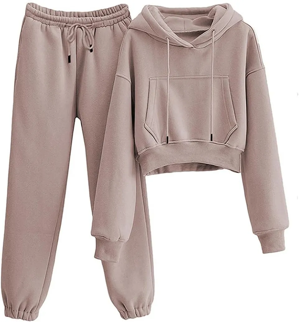 Tanming Women 2 Piece Outfits Sweatsuits Crop Pullover Fleece Sweatshirt Jogger Pants Lounge Set