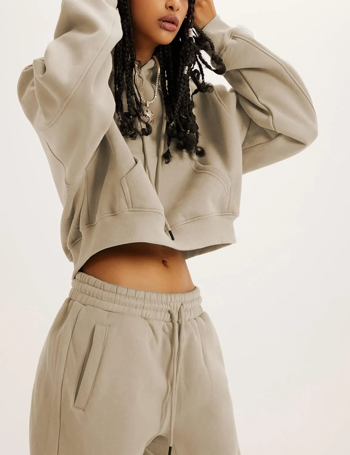 Tanming Women 2 Piece Outfits Sweatsuits Crop Pullover Fleece Sweatshirt Jogger Pants Lounge Set