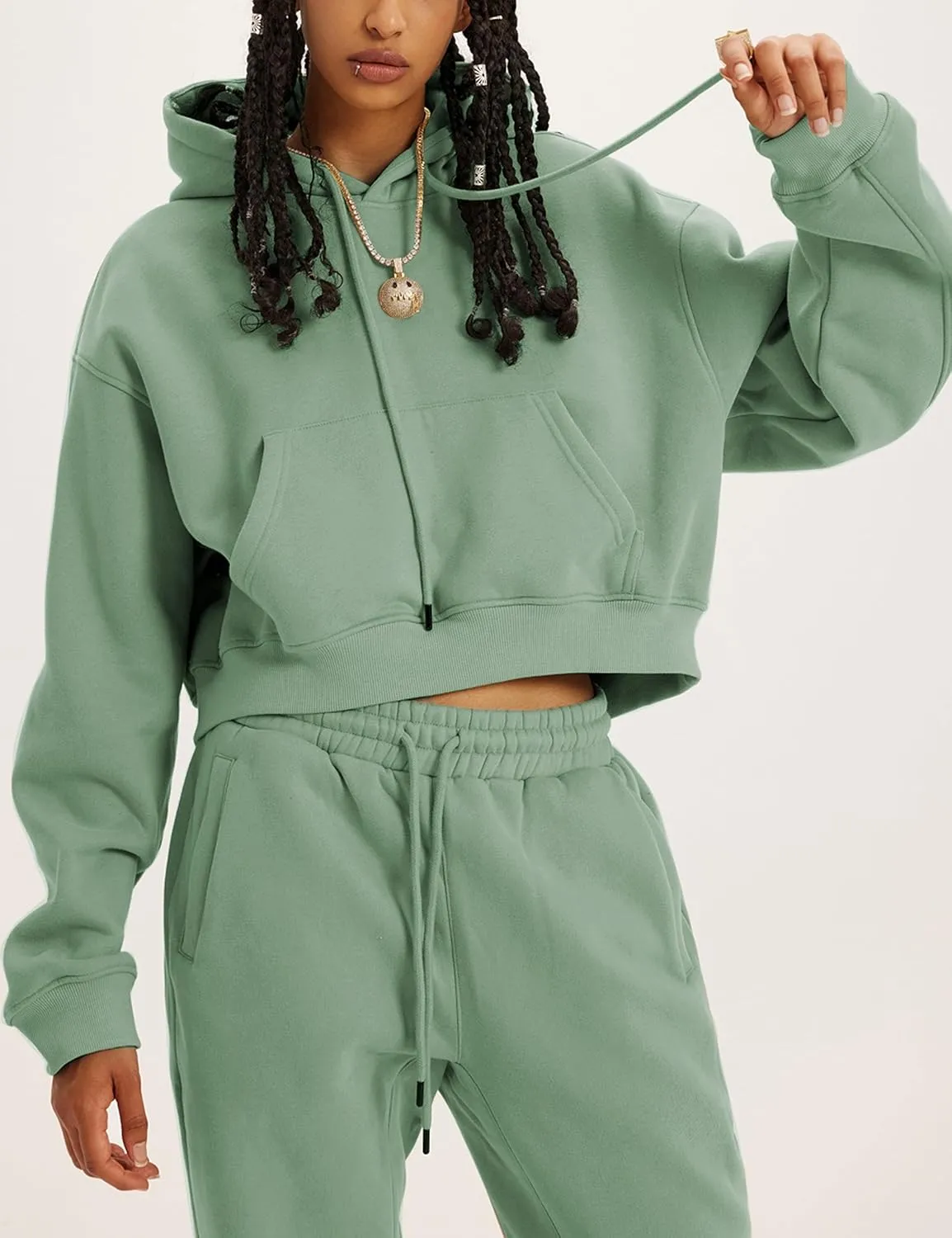 Tanming Women 2 Piece Outfits Sweatsuits Crop Pullover Fleece Sweatshirt Jogger Pants Lounge Set