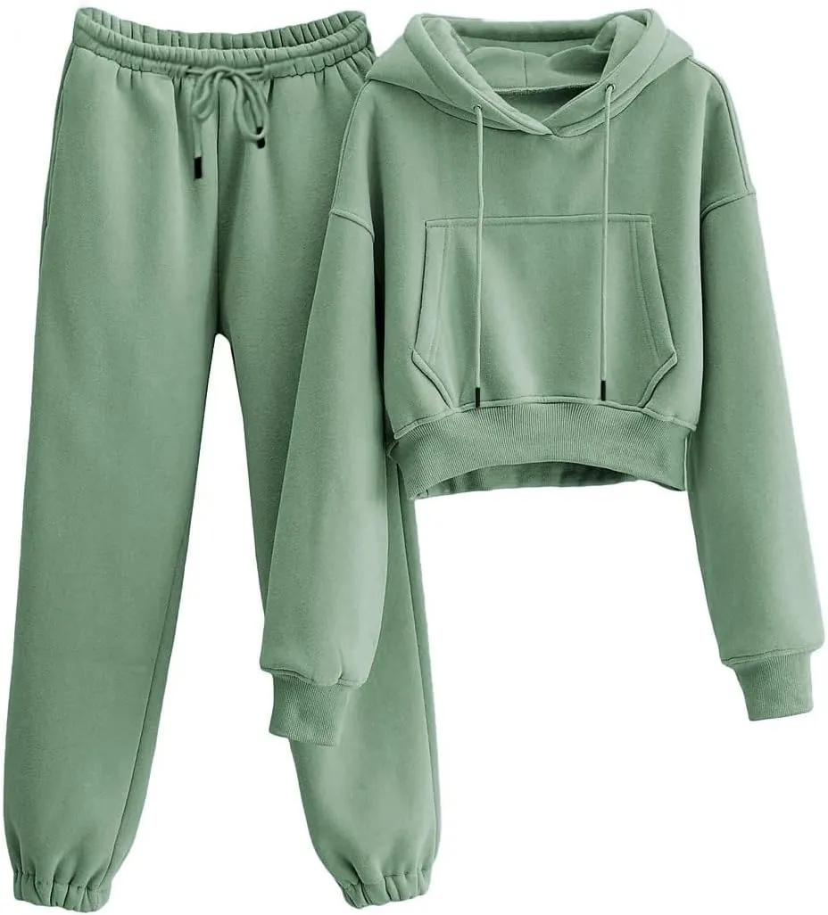 Tanming Women 2 Piece Outfits Sweatsuits Crop Pullover Fleece Sweatshirt Jogger Pants Lounge Set