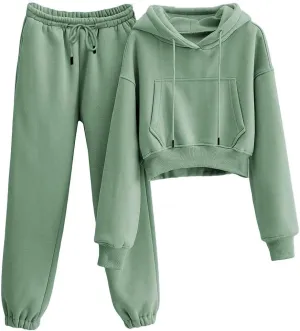 Tanming Women 2 Piece Outfits Sweatsuits Crop Pullover Fleece Sweatshirt Jogger Pants Lounge Set