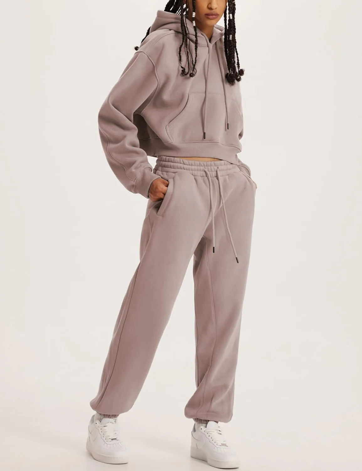 Tanming Women 2 Piece Outfits Sweatsuits Crop Pullover Fleece Sweatshirt Jogger Pants Lounge Set