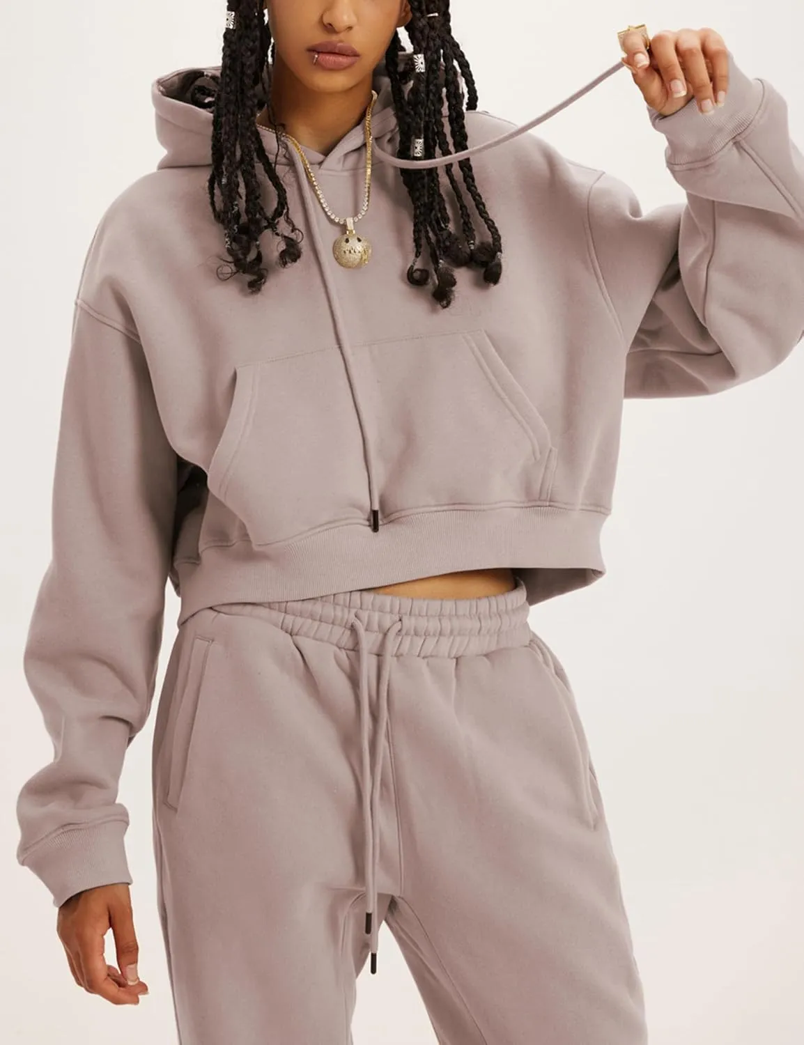 Tanming Women 2 Piece Outfits Sweatsuits Crop Pullover Fleece Sweatshirt Jogger Pants Lounge Set