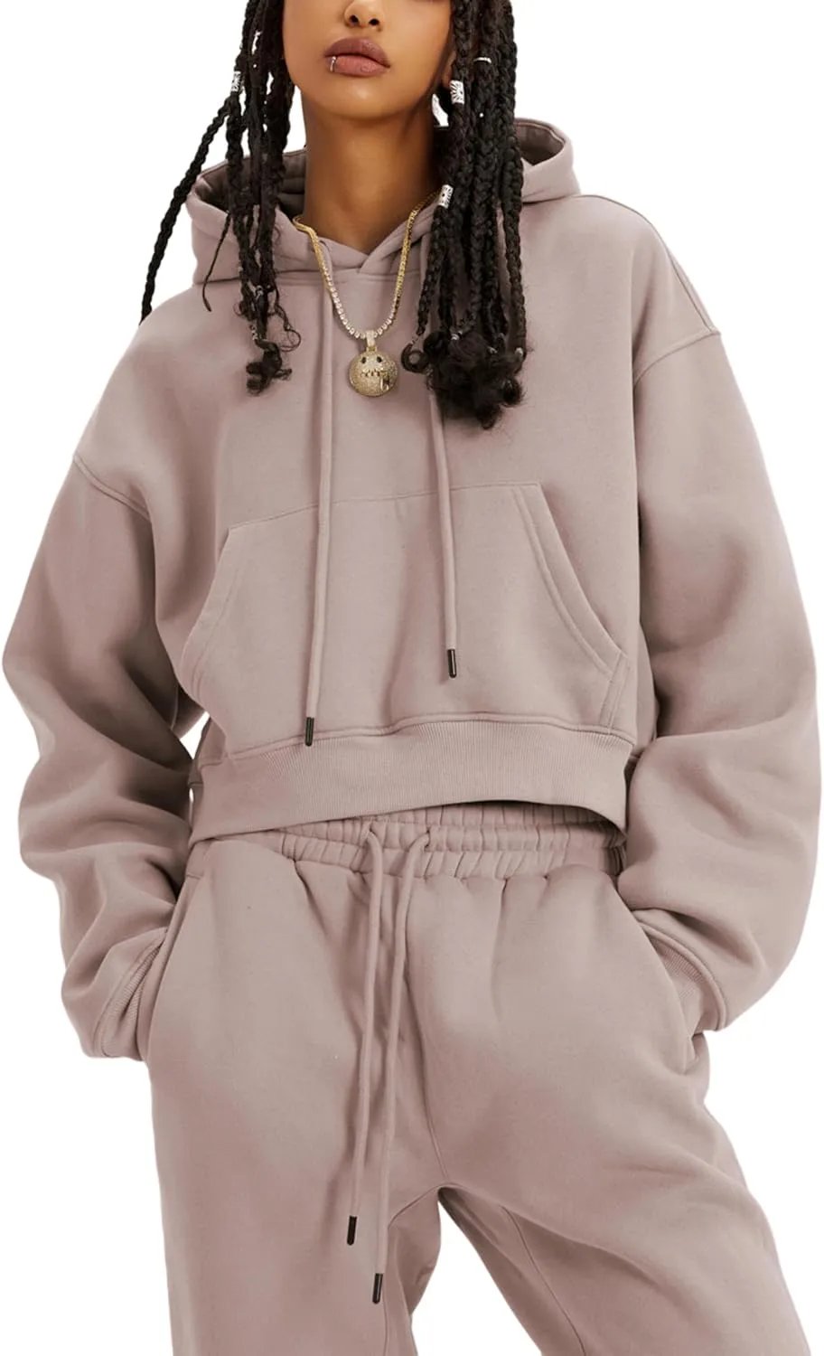 Tanming Women 2 Piece Outfits Sweatsuits Crop Pullover Fleece Sweatshirt Jogger Pants Lounge Set