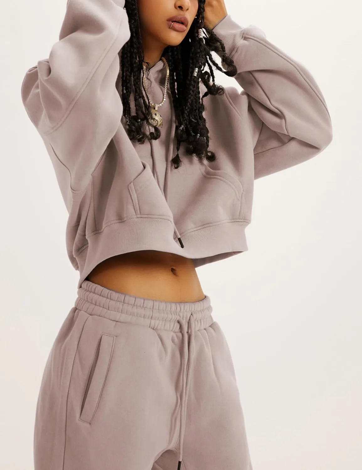 Tanming Women 2 Piece Outfits Sweatsuits Crop Pullover Fleece Sweatshirt Jogger Pants Lounge Set