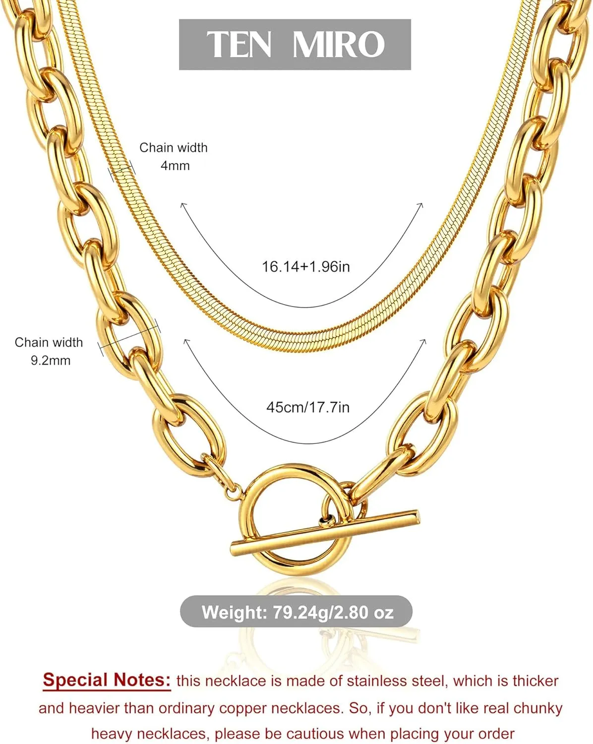 TEN MIRO 18k Chunky Gold Necklace for Women Sweatproof, Non Tarnish Chunky Layered Chain Necklaces Thick Gold Layering Herringbone Paperclip Necklace Stacks Toggle Necklaces for Women Men