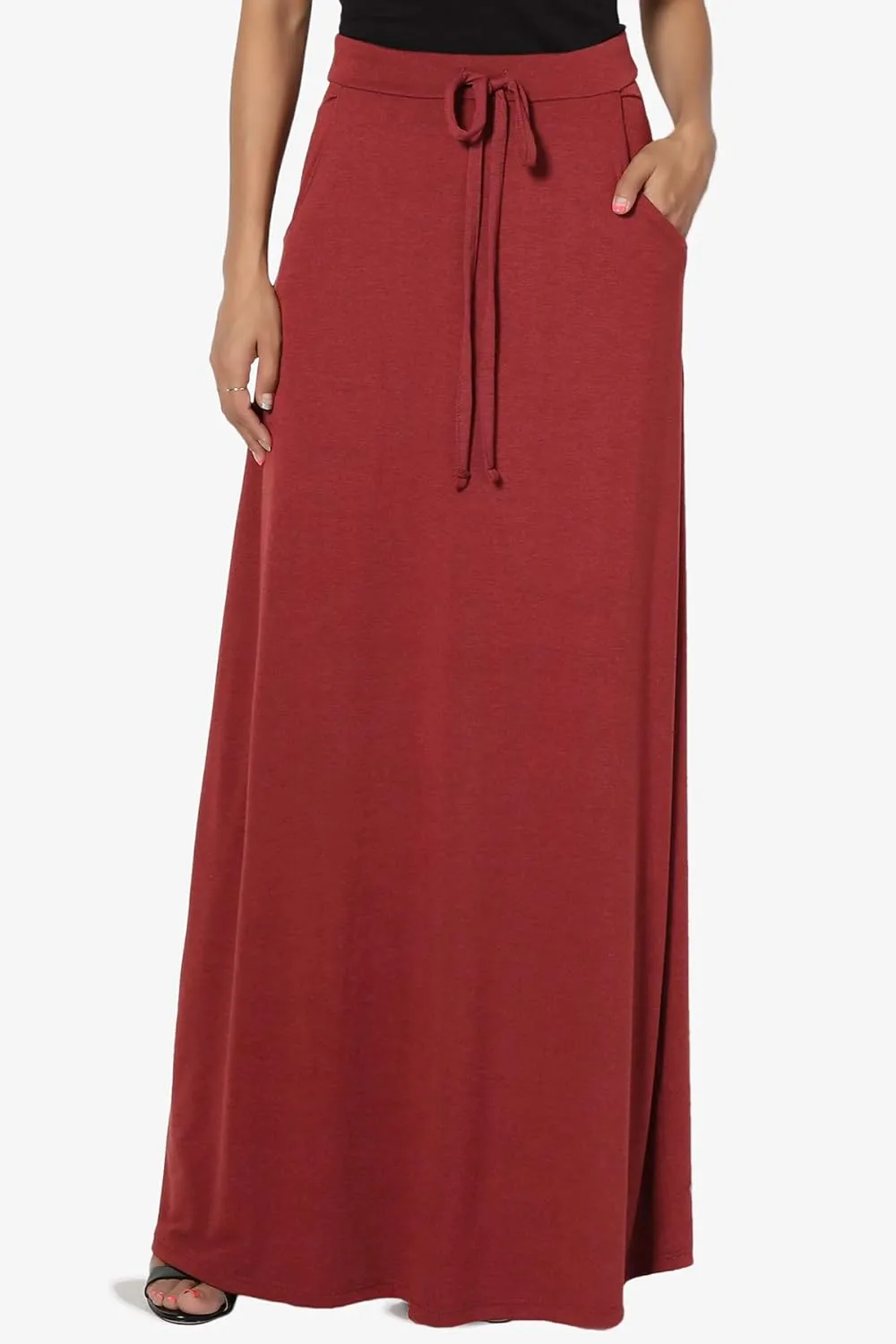 TheMogan S~3X Drawstring Waist Pocket Drapey Jersey A-Line Long Maxi Skirt