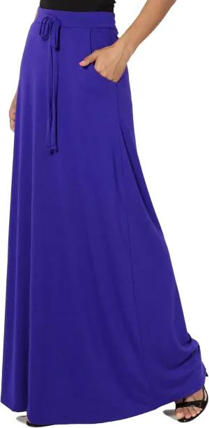 TheMogan S~3X Drawstring Waist Pocket Drapey Jersey A-Line Long Maxi Skirt