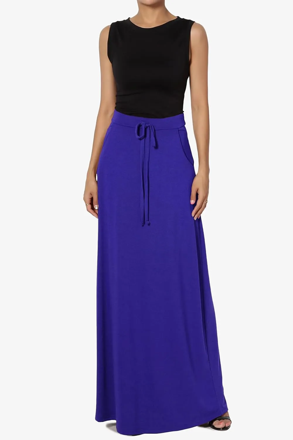 TheMogan S~3X Drawstring Waist Pocket Drapey Jersey A-Line Long Maxi Skirt