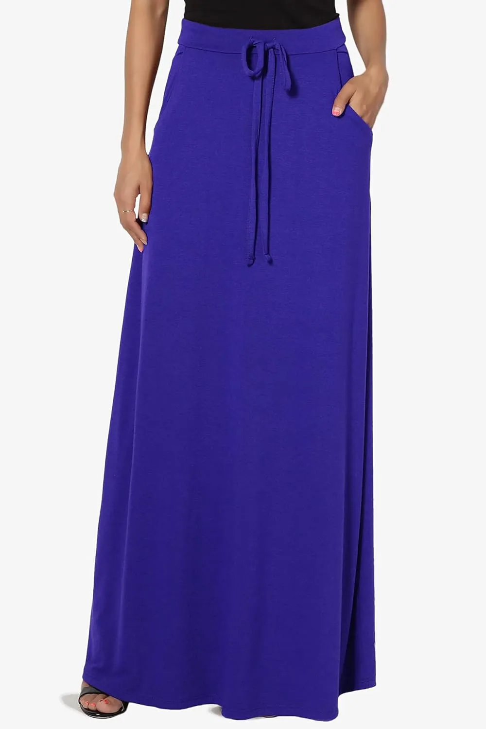 TheMogan S~3X Drawstring Waist Pocket Drapey Jersey A-Line Long Maxi Skirt