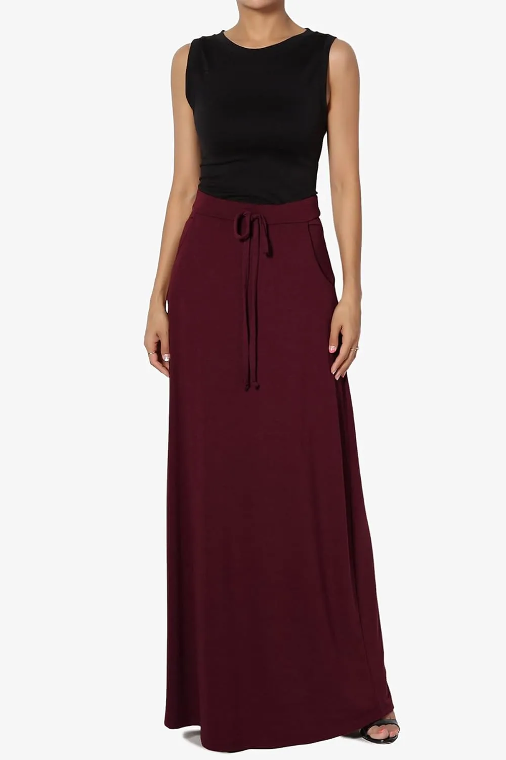 TheMogan S~3X Drawstring Waist Pocket Drapey Jersey A-Line Long Maxi Skirt