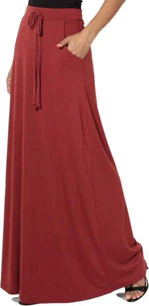 TheMogan S~3X Drawstring Waist Pocket Drapey Jersey A-Line Long Maxi Skirt