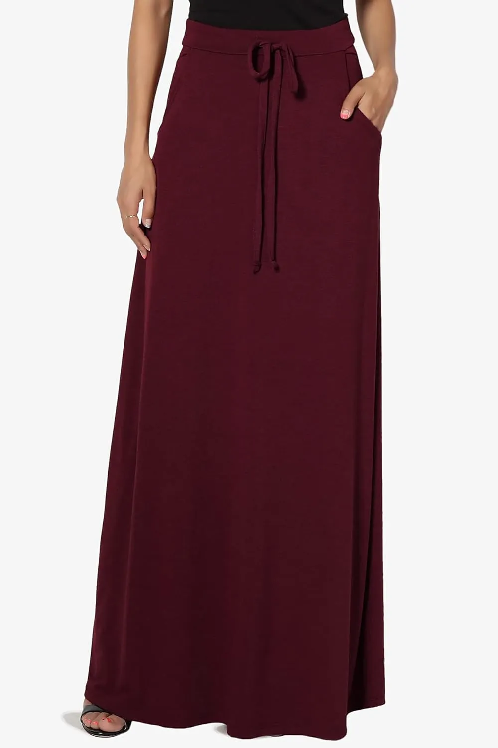 TheMogan S~3X Drawstring Waist Pocket Drapey Jersey A-Line Long Maxi Skirt