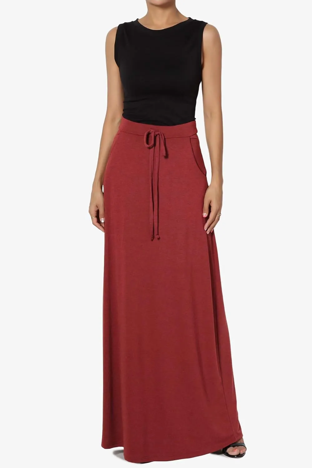 TheMogan S~3X Drawstring Waist Pocket Drapey Jersey A-Line Long Maxi Skirt