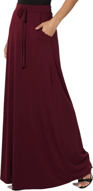 TheMogan S~3X Drawstring Waist Pocket Drapey Jersey A-Line Long Maxi Skirt