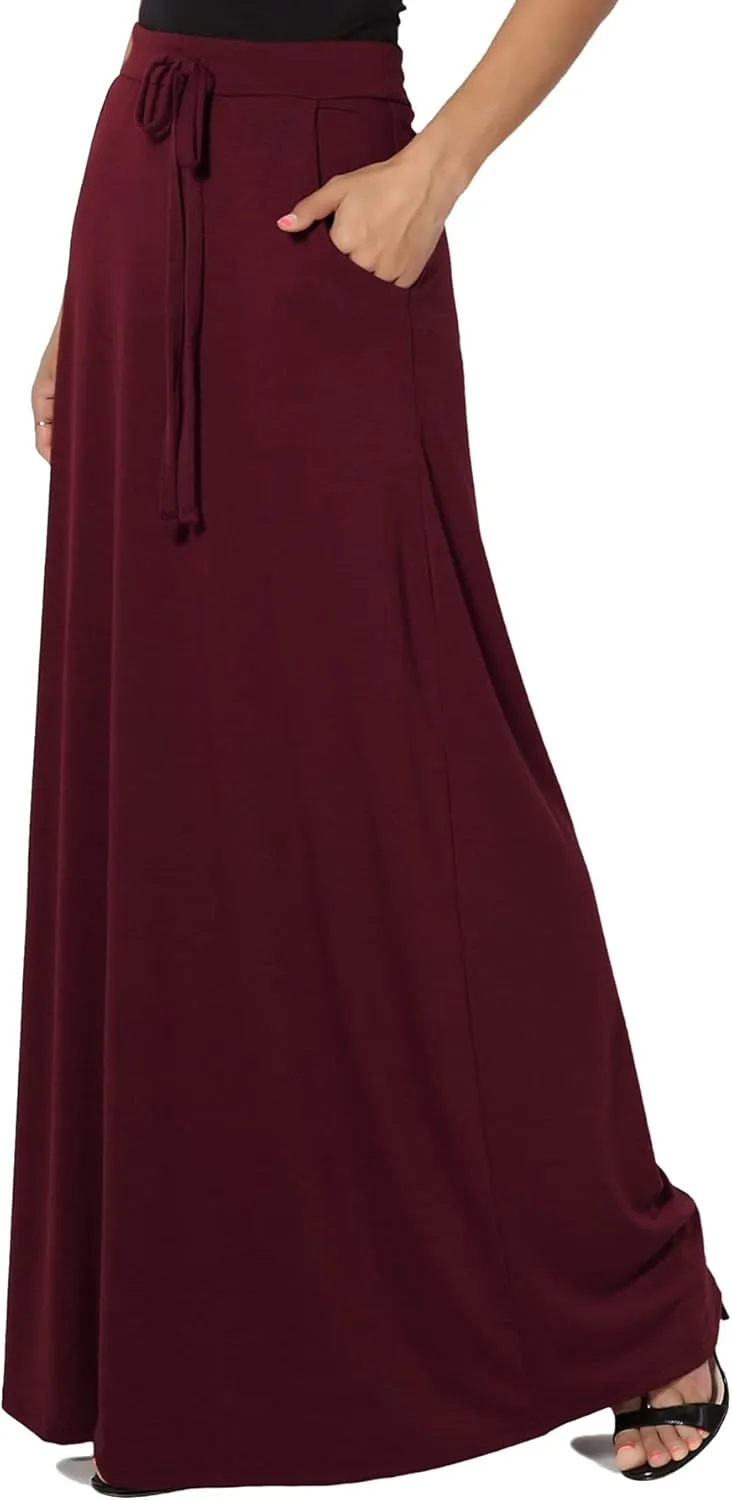 TheMogan S~3X Drawstring Waist Pocket Drapey Jersey A-Line Long Maxi Skirt