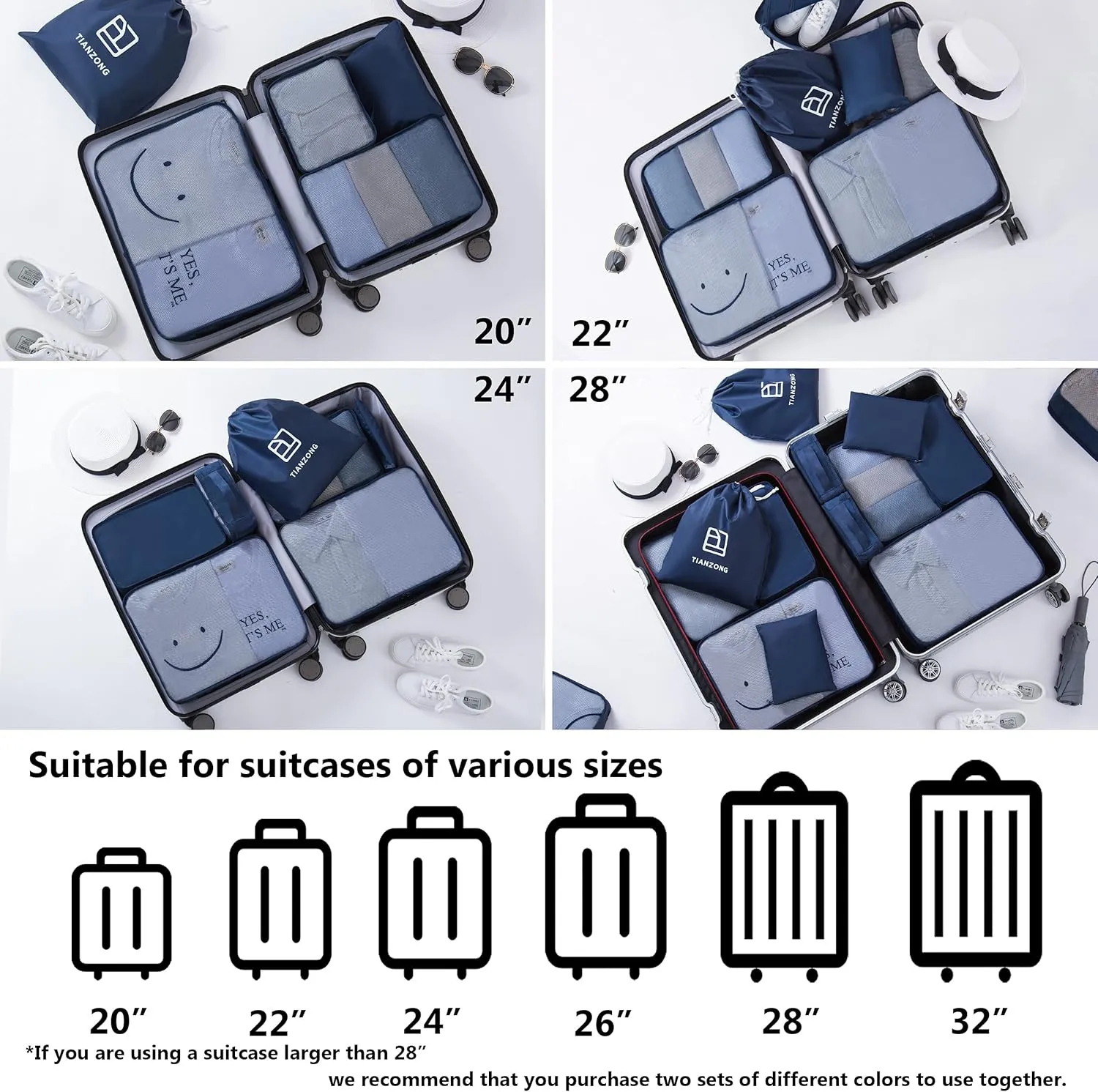 TianZong 7-piece Set Packing Cubes, Travel Bags for Luggage, Packing Organizers with Shoe Bag (Navy Blue)