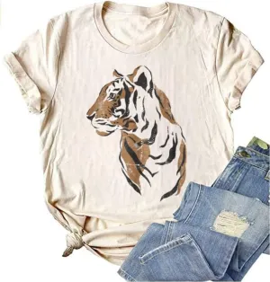 Tiger Shirt for Women Vintage Animal Graphic Tees Casual Short Sleeve Crewneck T-Shirt Summer Loose Fit Tops