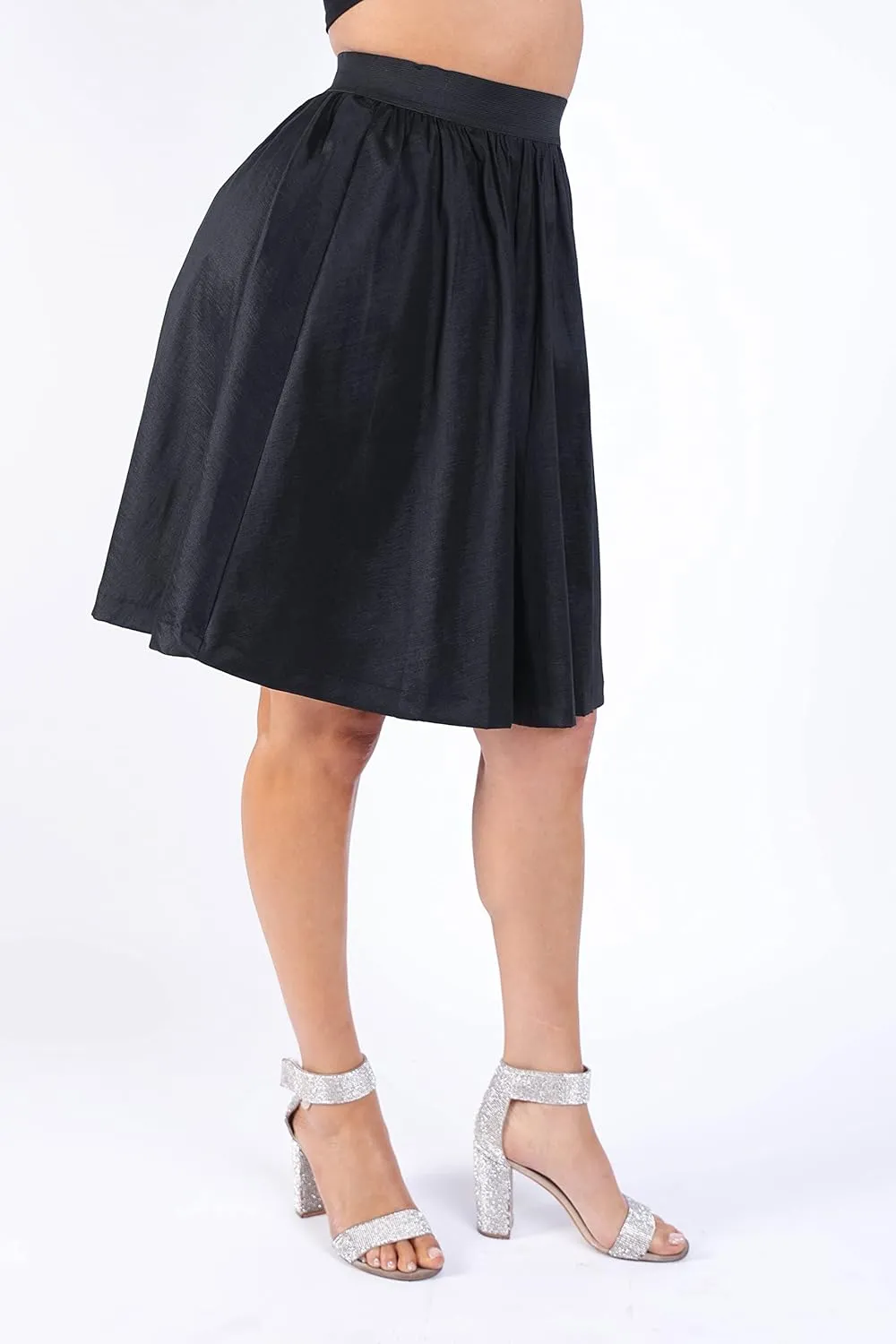 TOO HOT FASHIONS Women's Casual Flared A-Line Basic Pleated Midi Black Skirt - Versatile and Comfortable Any Occasion