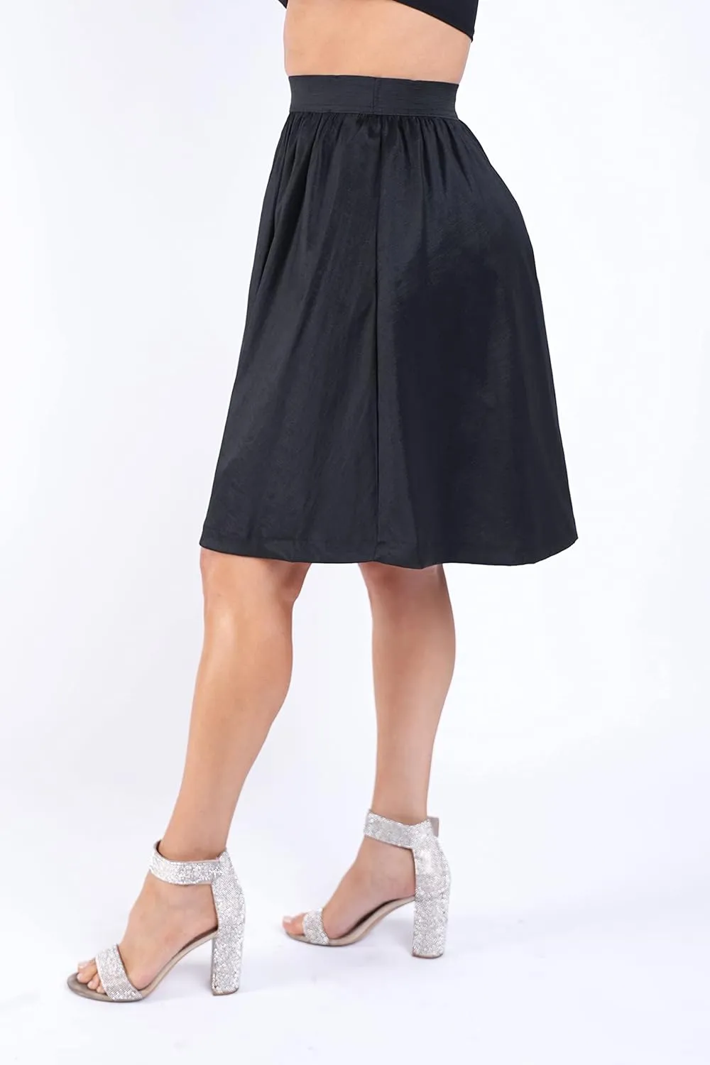 TOO HOT FASHIONS Women's Casual Flared A-Line Basic Pleated Midi Black Skirt - Versatile and Comfortable Any Occasion