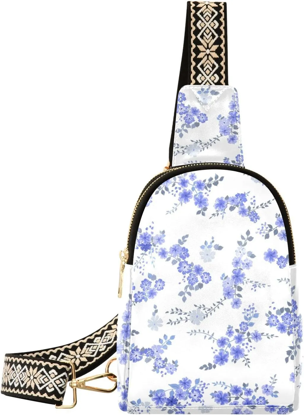 Trendy Blue Flowers Fanny Pack Crossbody PC Leather Small Sling Bag for Women Small Wildflowers Fashion Waist Packs Chest Bag for Travel Sports Running Hiking