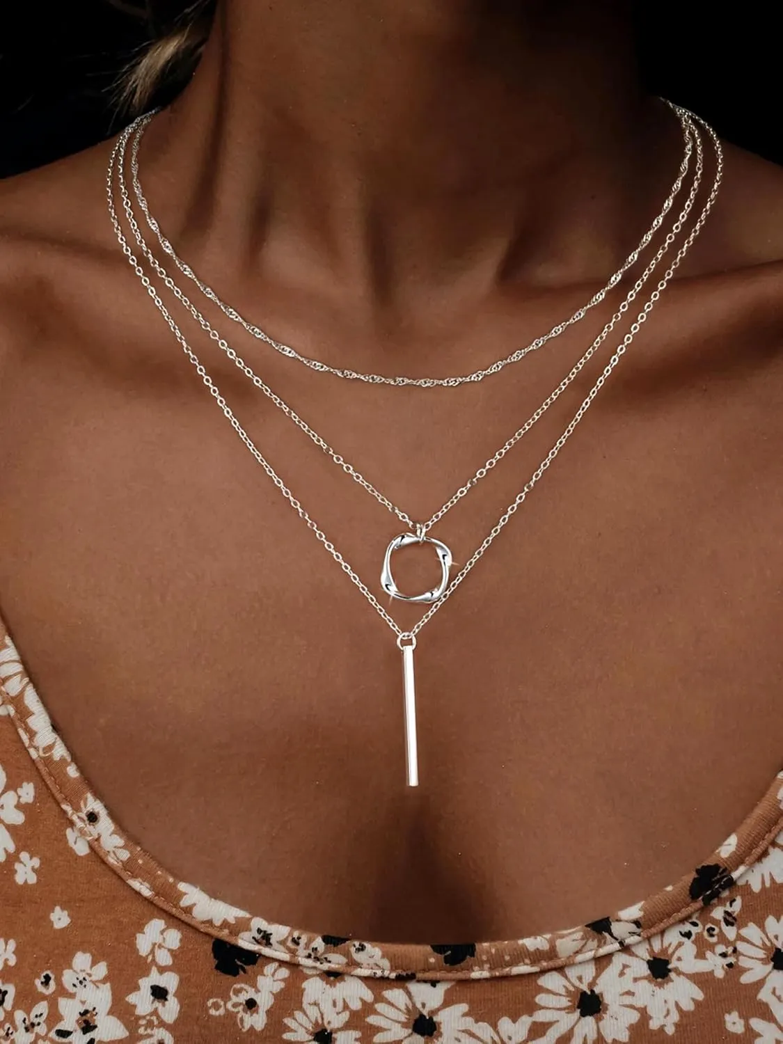 Trendy Layered Gold/Silver Necklaces for Women 14K Gold/Silver Plated Stackable Choker Necklace Dainty Simple Jewelry Set Layering Cuban Circle Pendant Chain