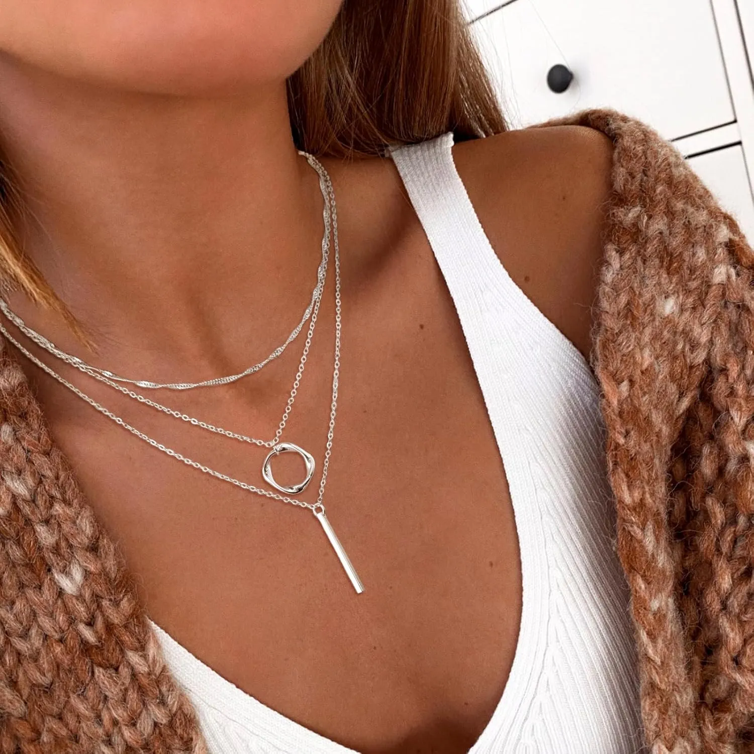 Trendy Layered Gold/Silver Necklaces for Women 14K Gold/Silver Plated Stackable Choker Necklace Dainty Simple Jewelry Set Layering Cuban Circle Pendant Chain