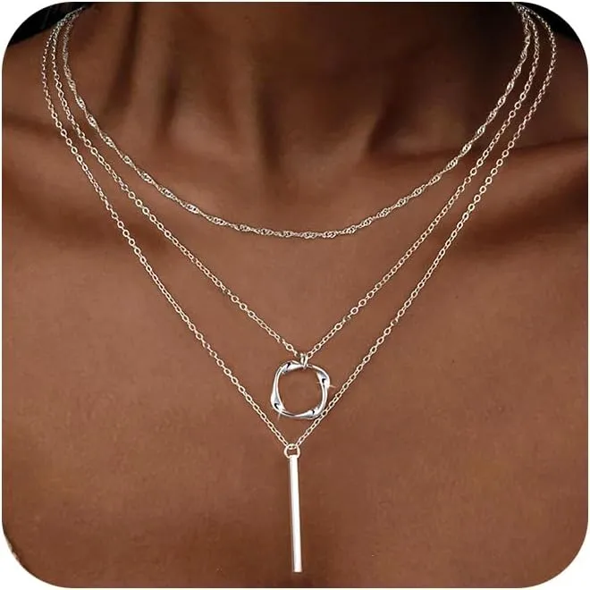Trendy Layered Gold/Silver Necklaces for Women 14K Gold/Silver Plated Stackable Choker Necklace Dainty Simple Jewelry Set Layering Cuban Circle Pendant Chain