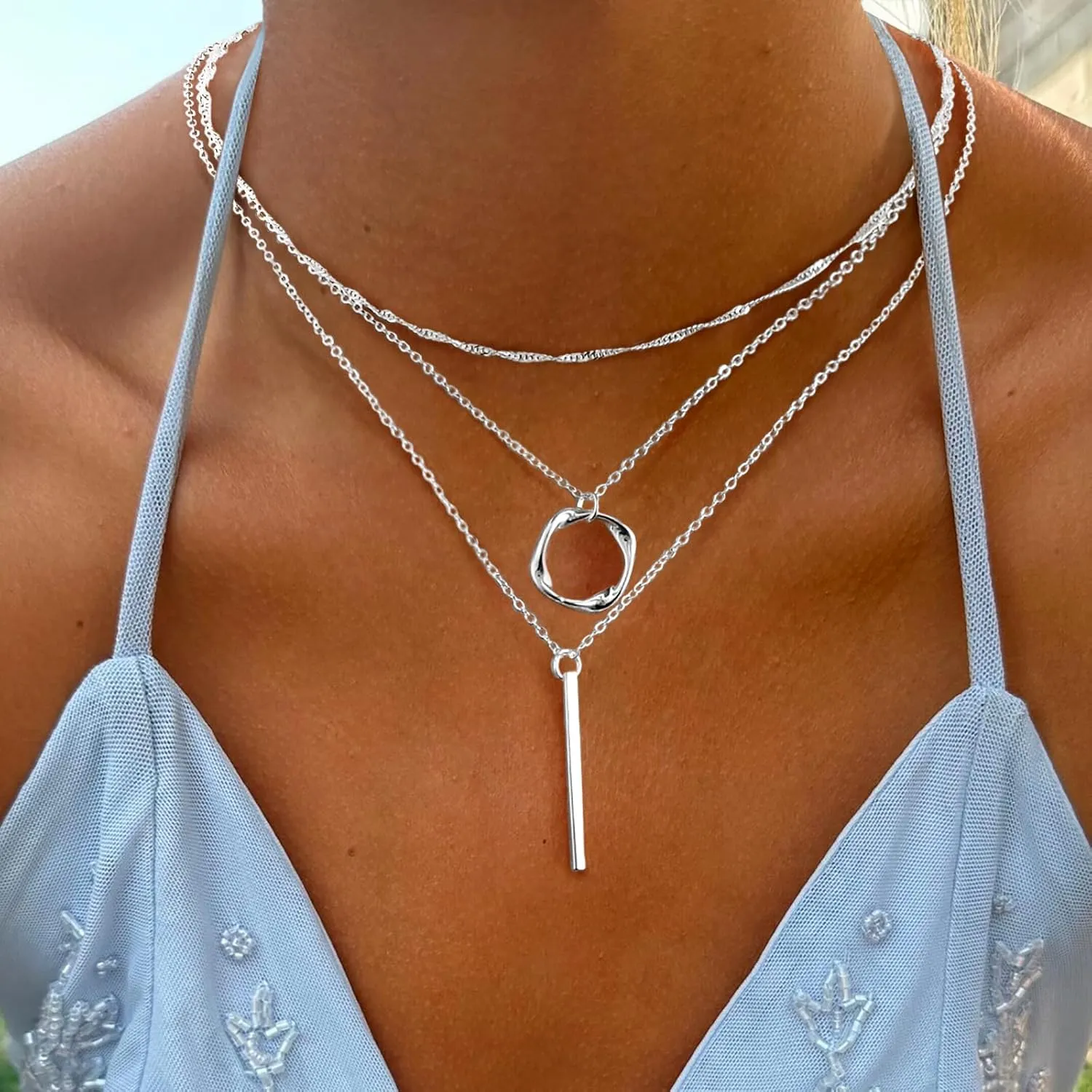Trendy Layered Gold/Silver Necklaces for Women 14K Gold/Silver Plated Stackable Choker Necklace Dainty Simple Jewelry Set Layering Cuban Circle Pendant Chain