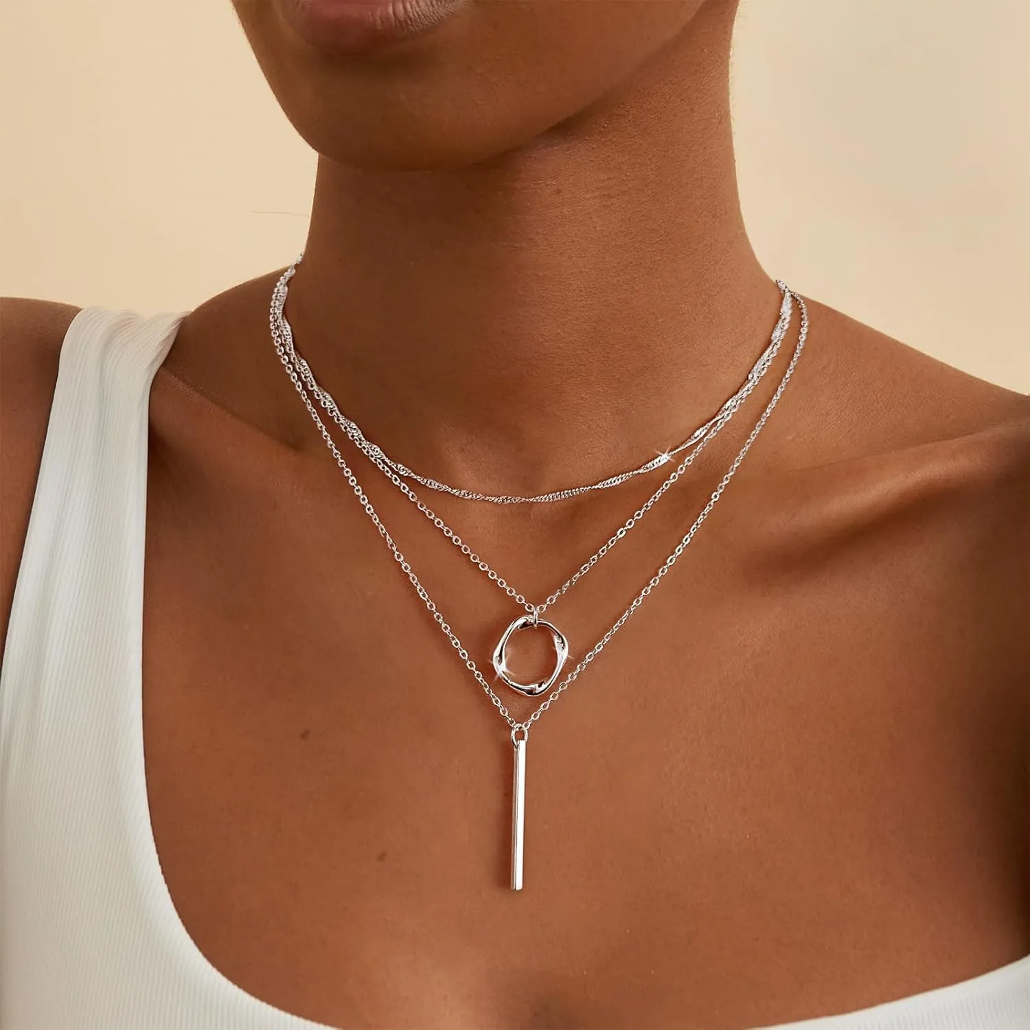 Trendy Layered Gold/Silver Necklaces for Women 14K Gold/Silver Plated Stackable Choker Necklace Dainty Simple Jewelry Set Layering Cuban Circle Pendant Chain