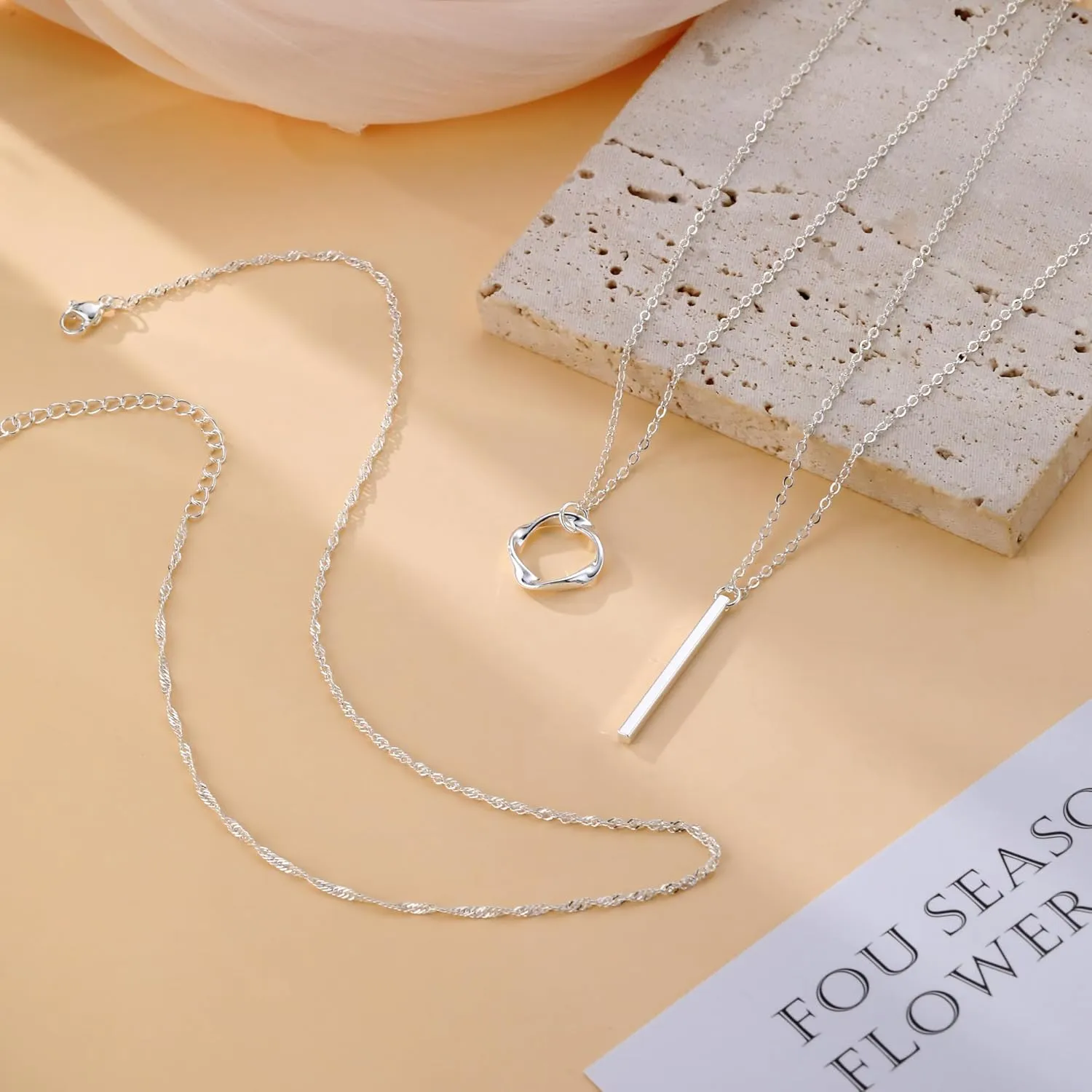 Trendy Layered Gold/Silver Necklaces for Women 14K Gold/Silver Plated Stackable Choker Necklace Dainty Simple Jewelry Set Layering Cuban Circle Pendant Chain