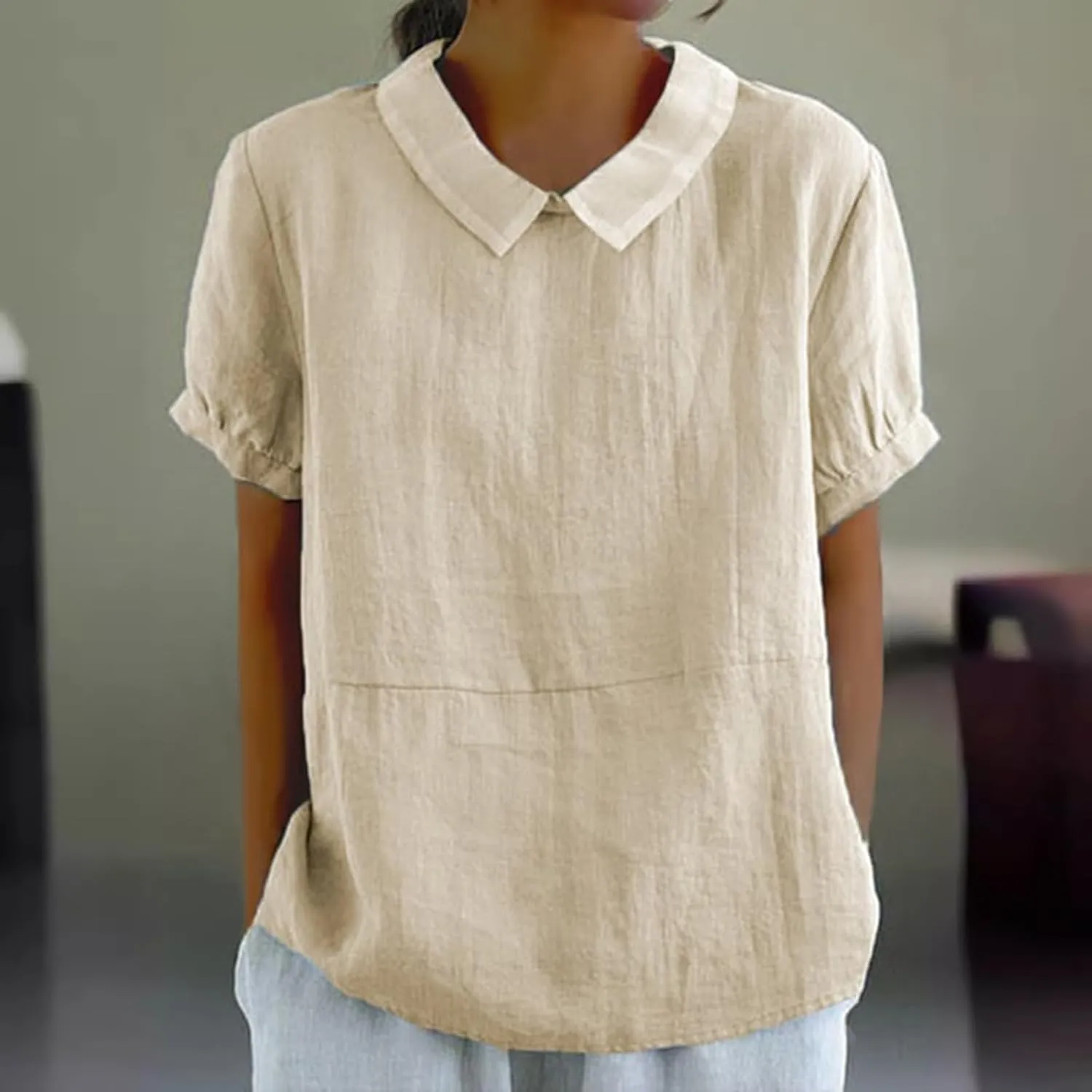 Trendy T Shirts for Women Loose Fit Solid Color Lapel Collar Short Sleeve Linen Blouse Summer Lightweight Workout Top